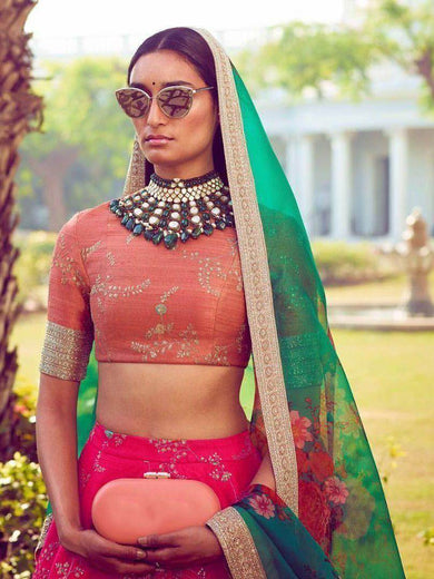 Pink Embroidered Mulberry Bridal Lehenga Choli With Printed Green Dupatta